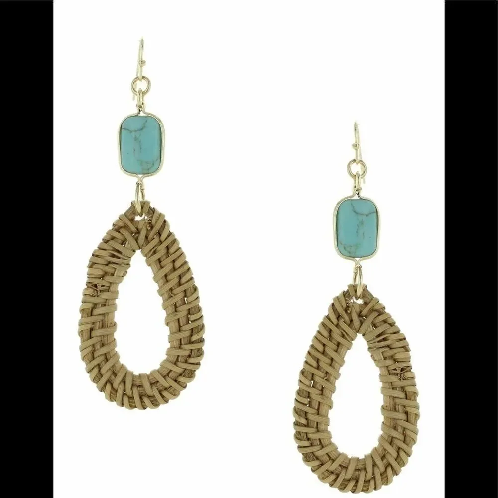 Olivia Welles Sandra Straw‎ Drop Earrings, Tan/Turquoise, NWT